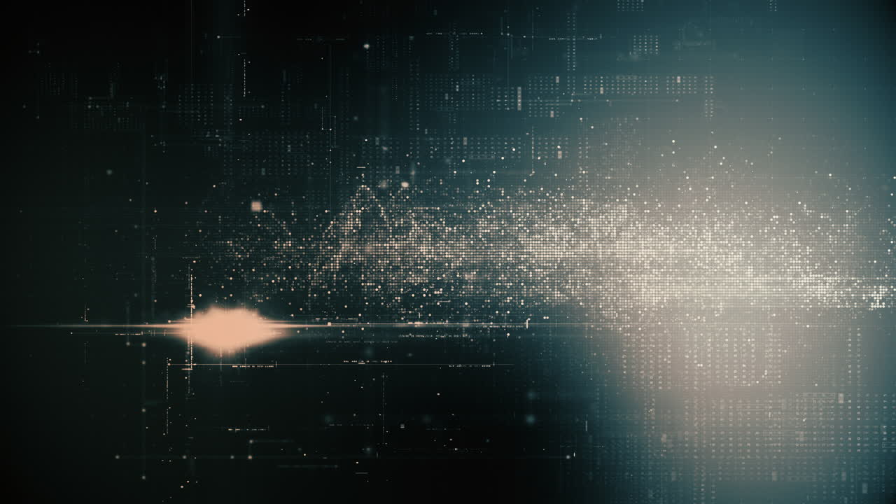 Futuristic abstract de-focus Metaverse data matrix, meta, telemetry and encrypt numbers display with particles simulation in cyber space environment for HUD loop background