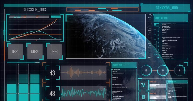 Animation of data processing on screen over earth globe on blue background