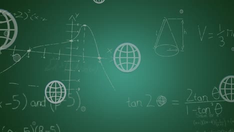 Animation-of-globe-icons-over-mathematical-equation-and-diagrams-against-green-background