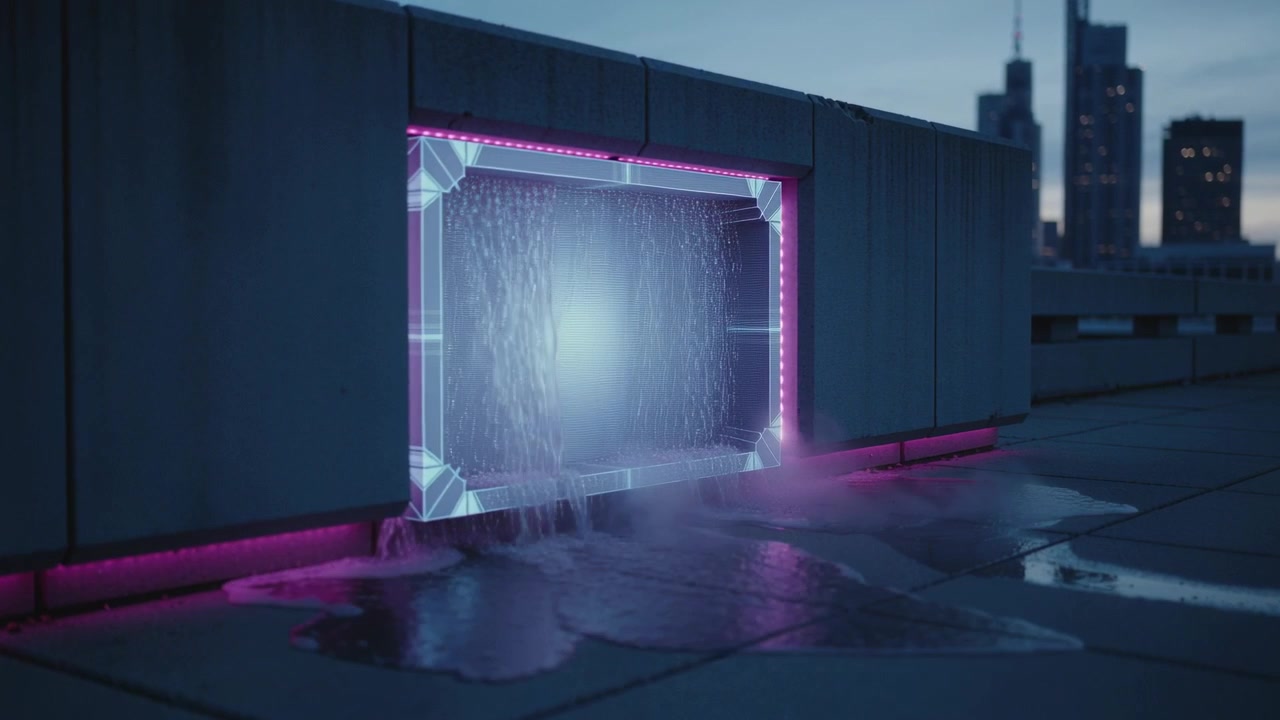 Portale con bordo rosa che emette un bagliore bluastro e versa liquido su un tetto al crepuscolo, formando pozze, spazio per il testo