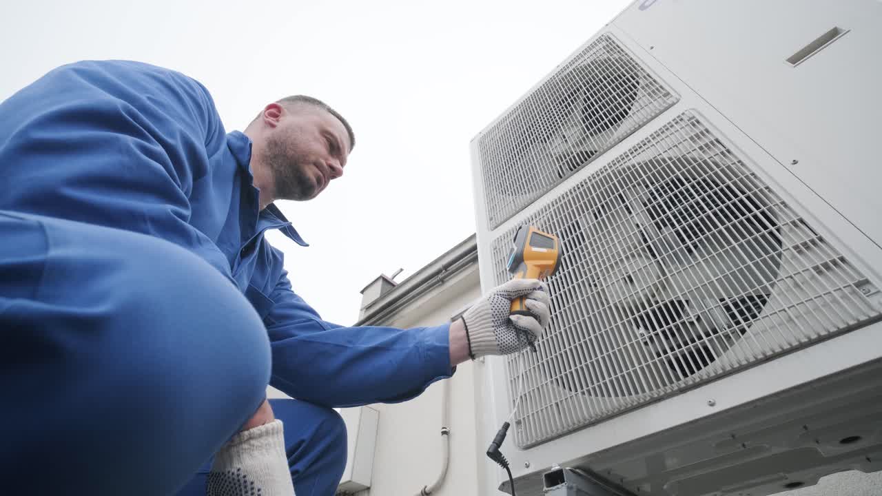 Technician uses a thermal imaging infrared thermometer to check the condensing unit heat exchanger