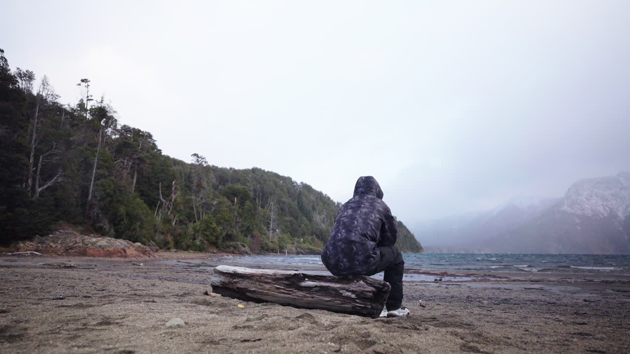 Static shot frames isolated subject sitting on weathered log, gazing across the lake towards snowed mountains. Ideal for introspective or isolation narratives