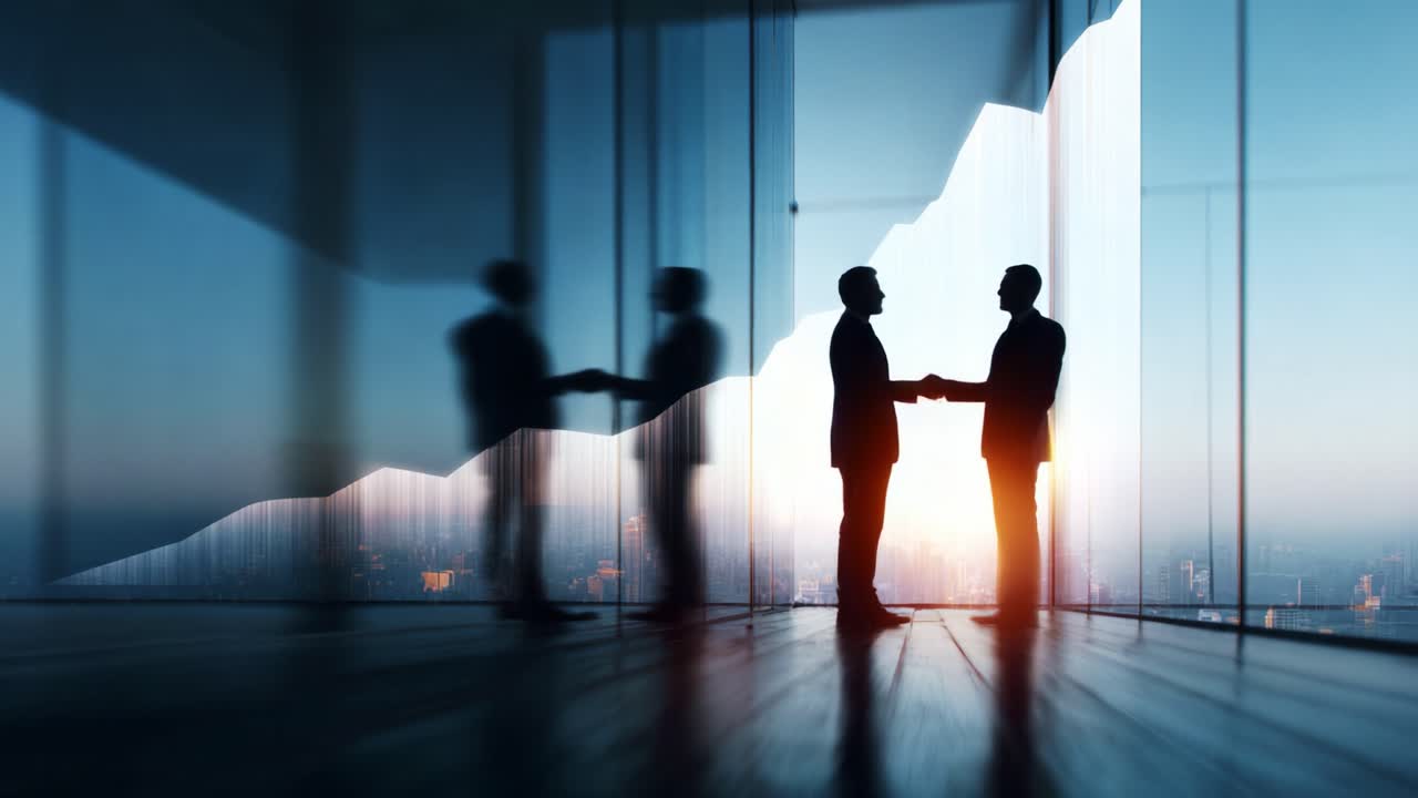 Two Business Professionals Shaking Hands in a Modern Office with a Stunning City View at Sunset, Symbolizing Cooperation and Partnership in a Corporate Environment