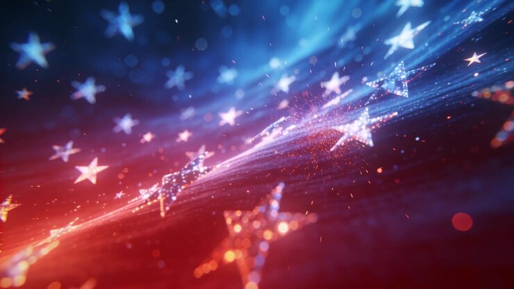 Sharpening five-point stars while camera moving to focus cluster on red-blue gradient, with streaks