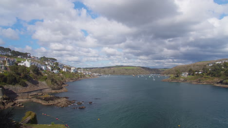 Picturesque-Panoramic-View-of-Blue-Sky-and-Clouds-Above-Fowey-Estuary-and-Harbour,-Cornwall,-United-Kingdom