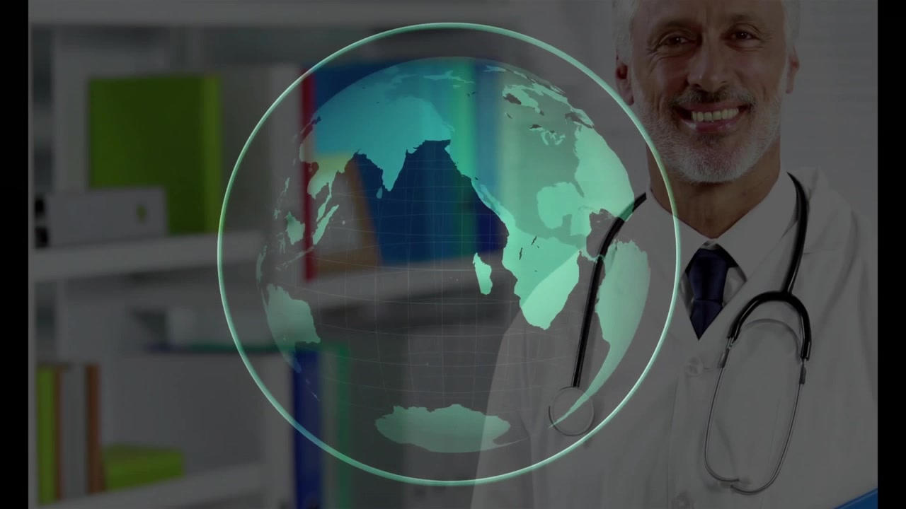 Médico em pé na sala de consulta com um globo holográfico materializando-se, girando e revelando a saúde global.
