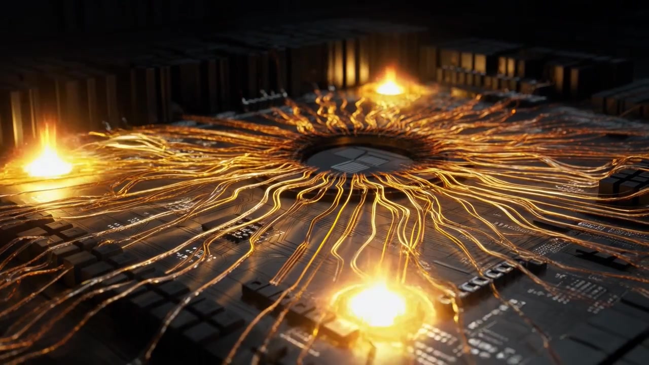 Digital mikrochip med glødende datastier og energistød.