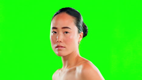 asian woman, face and skincare on green screen