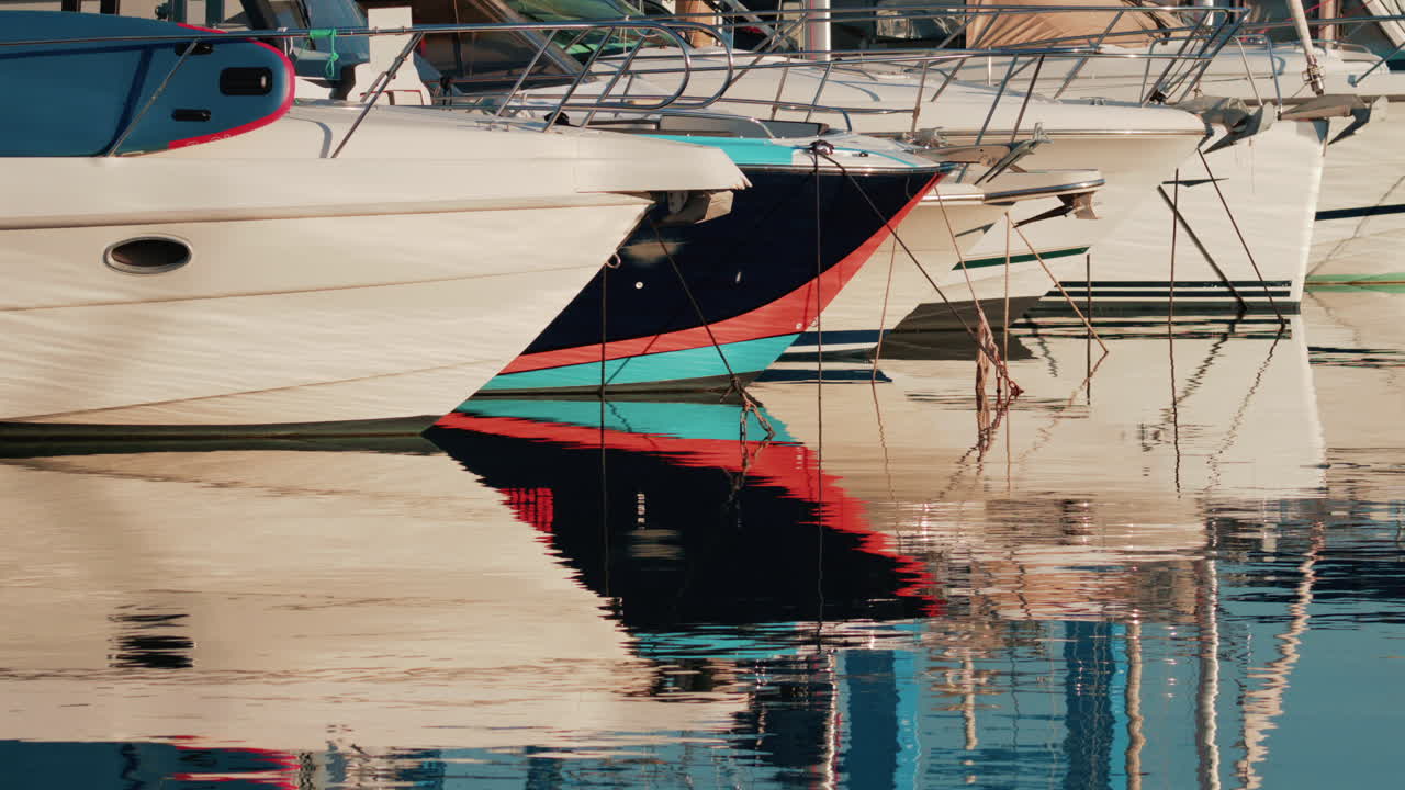 Close up of several yachts moored in a marina, with vivid reflections of their hulls on calm water