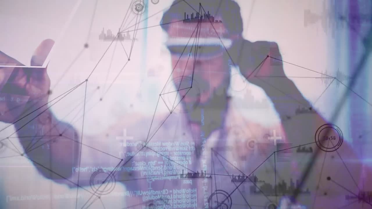 red de conexiones y procesamiento de datos contra el hombre que usa gafas vr