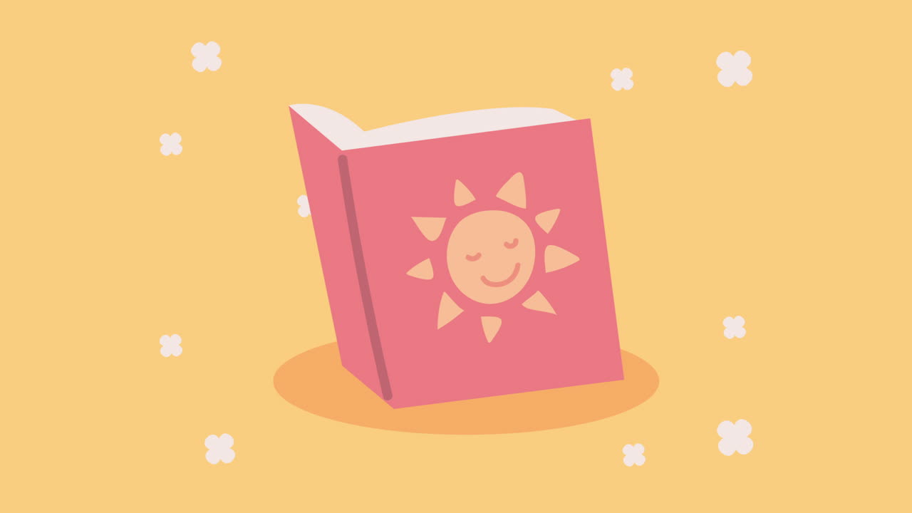 libro rosa con una ilustración de sol sonriente