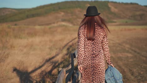 behind view of caucasian woman wearing fashionable printed animal dress walking and holding wooden handrail in rural flat brown countryside, handheld close up