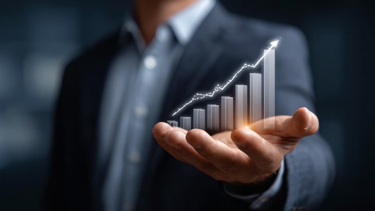 A Businessman Holding a Digital Graph in Hand, Symbolizing Growth and Success with Financial Progression in a Professional Setting