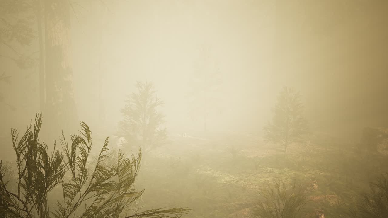 秋の森と朝の霧の木々