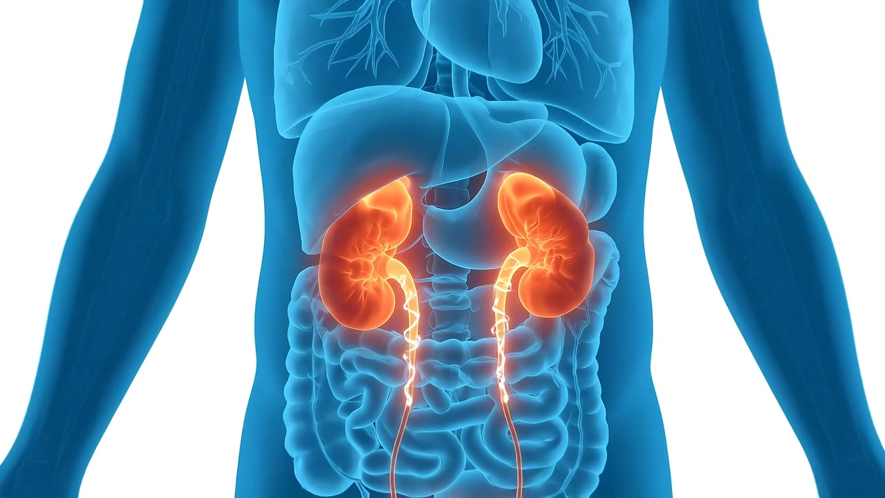Blue Human Silhouette Highlighting Internal Organs and Urinary Tract Anatomy