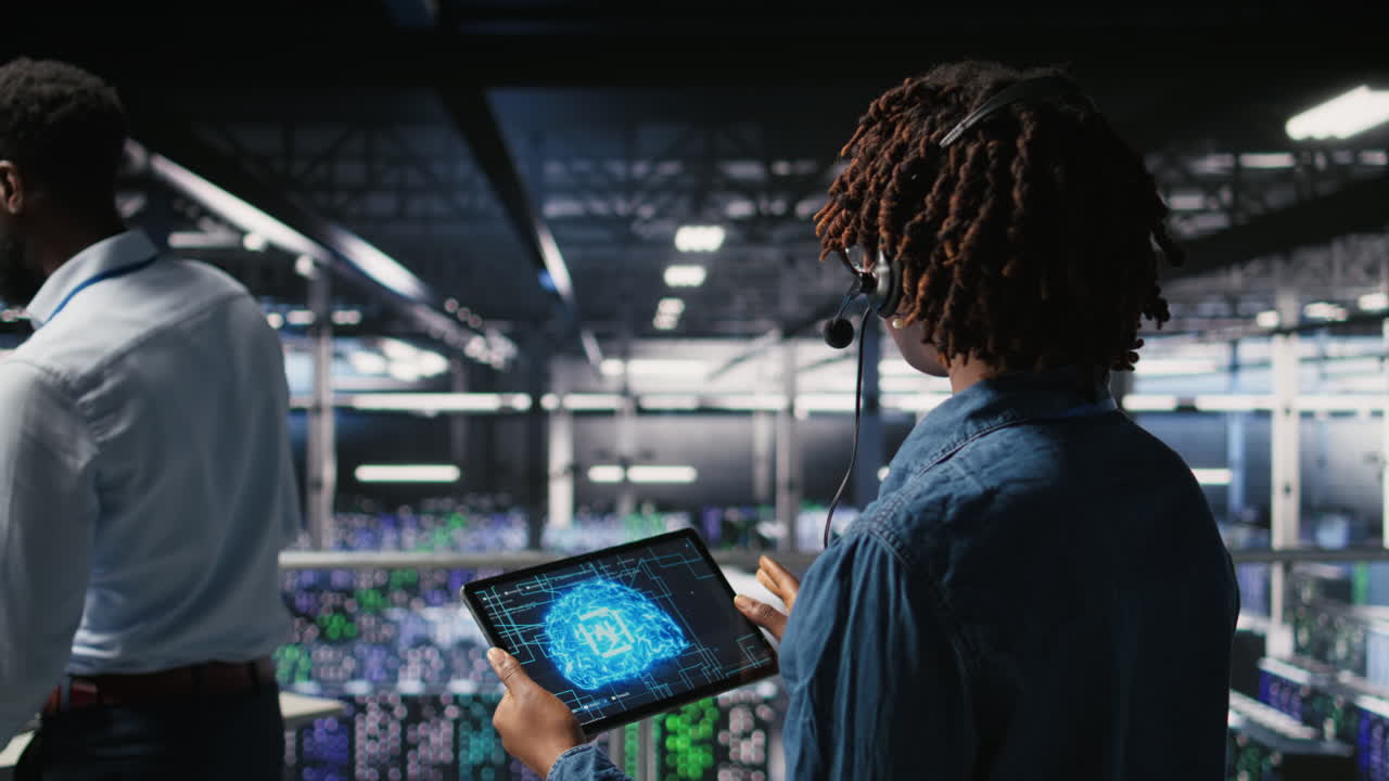 Data center worker speaks in headset mic, overseeing maintenance on AI rigs