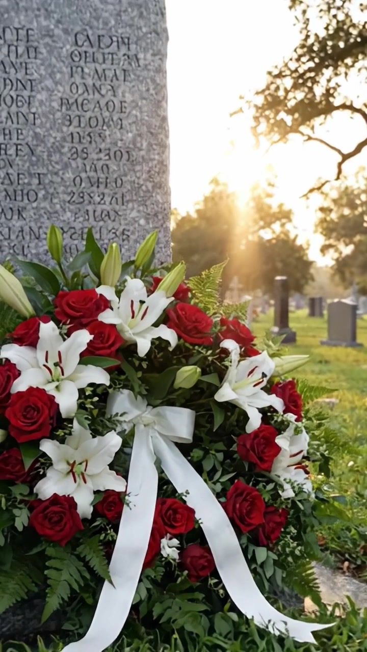 Una splendida composizione floreale di rose rosse e gigli bianchi che adorna una lapide in un cimitero sereno durante l'ora d'oro.