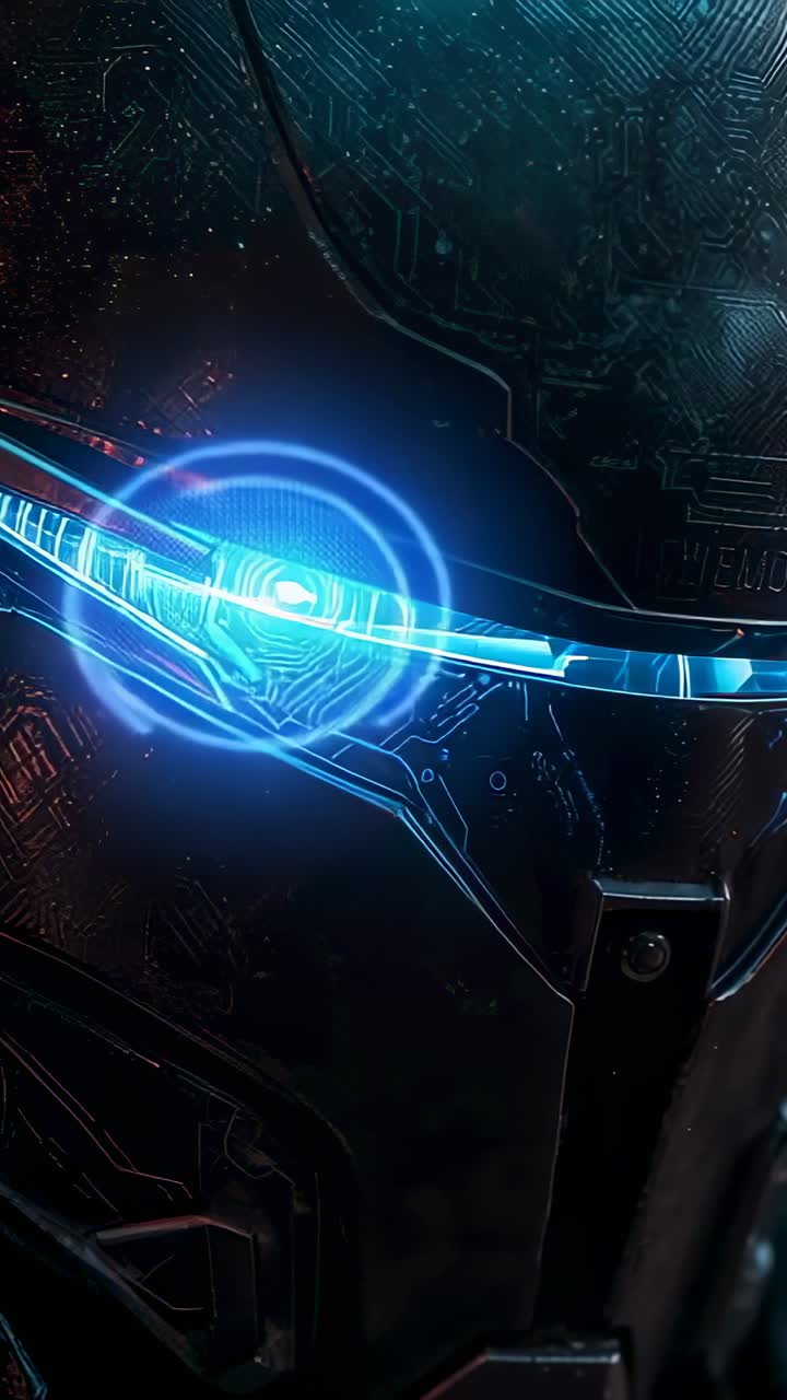 Vertical video: Activating helmet visor on dark backdrop, projecting scanning rings with data panel