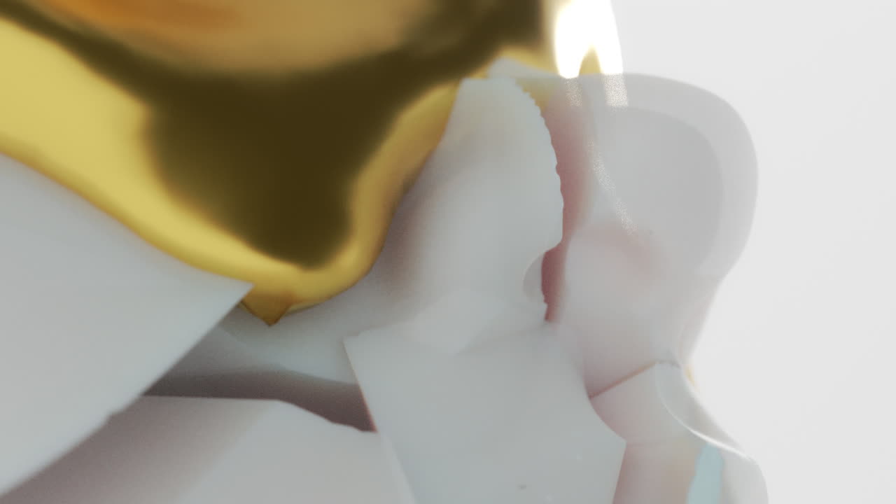 A gold liquid metal flows slowly on the sculpture