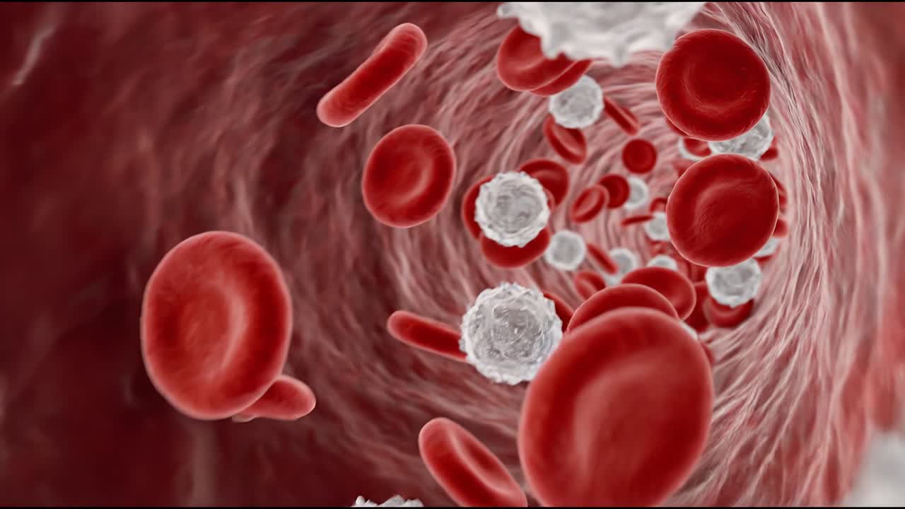 Red and White Blood Cells Flowing Through a Blood Vessel