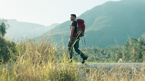 Walking,-water-or-man-hiking-in-nature-to-explore