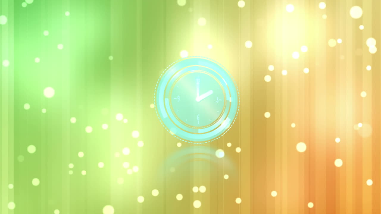 녹색과 노란색 그라데이션 줄무 ⁇  배경에 네온 디지털 시계 틱과  ⁇  반점이 있습니다.
