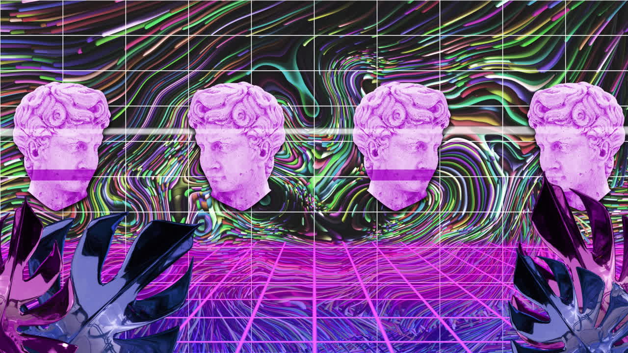 cabezas de esculturas clásicas, interferencia, hojas y rejilla sobre un remolino líquido multicolor