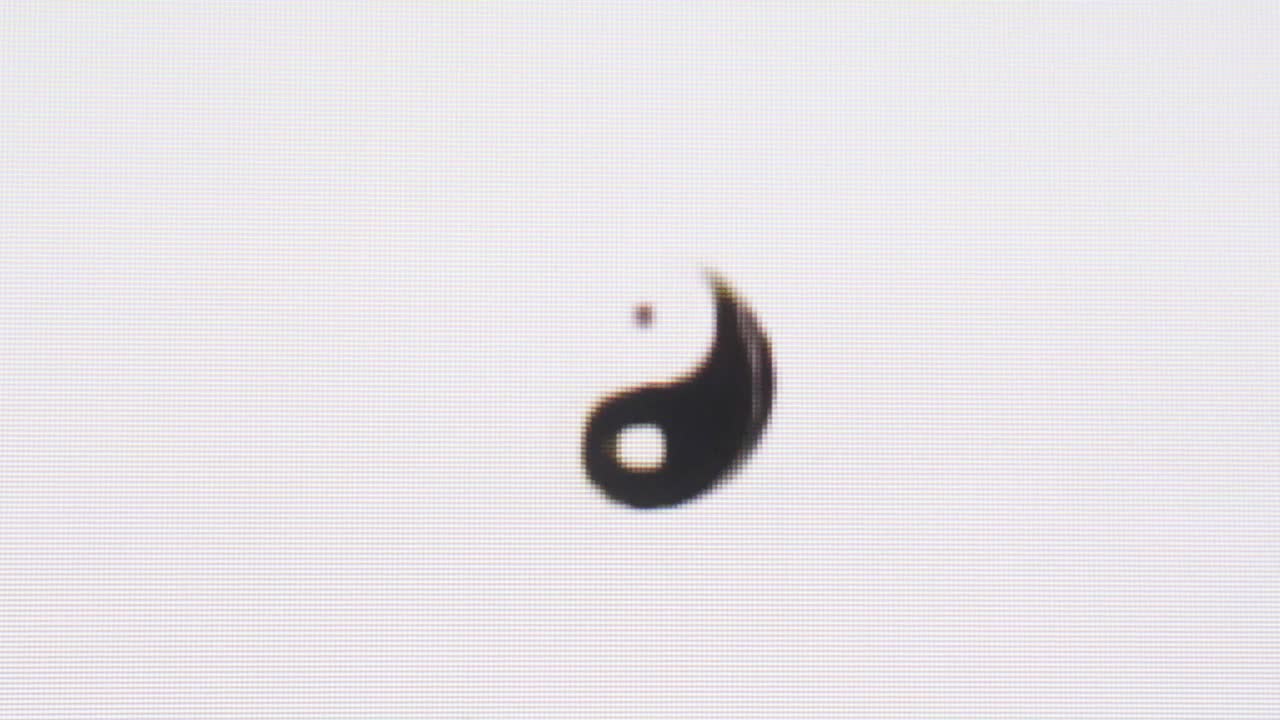 small yin yang sign on VHS, yin yang glitch symbol, old broken tape recorder