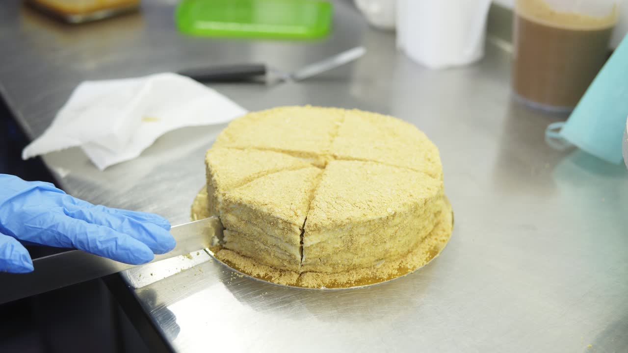 Unrecognizable confectioners hands in blue gloves cut Napoleon cake into pieces.