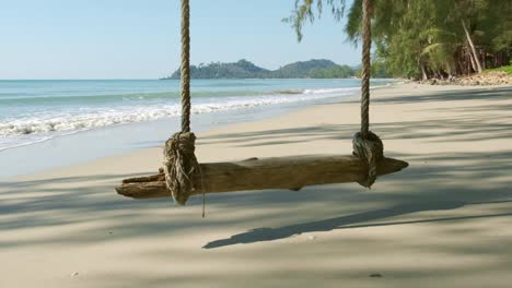 tropical white sand beach with rope swing , lapping small waves and tropical trees