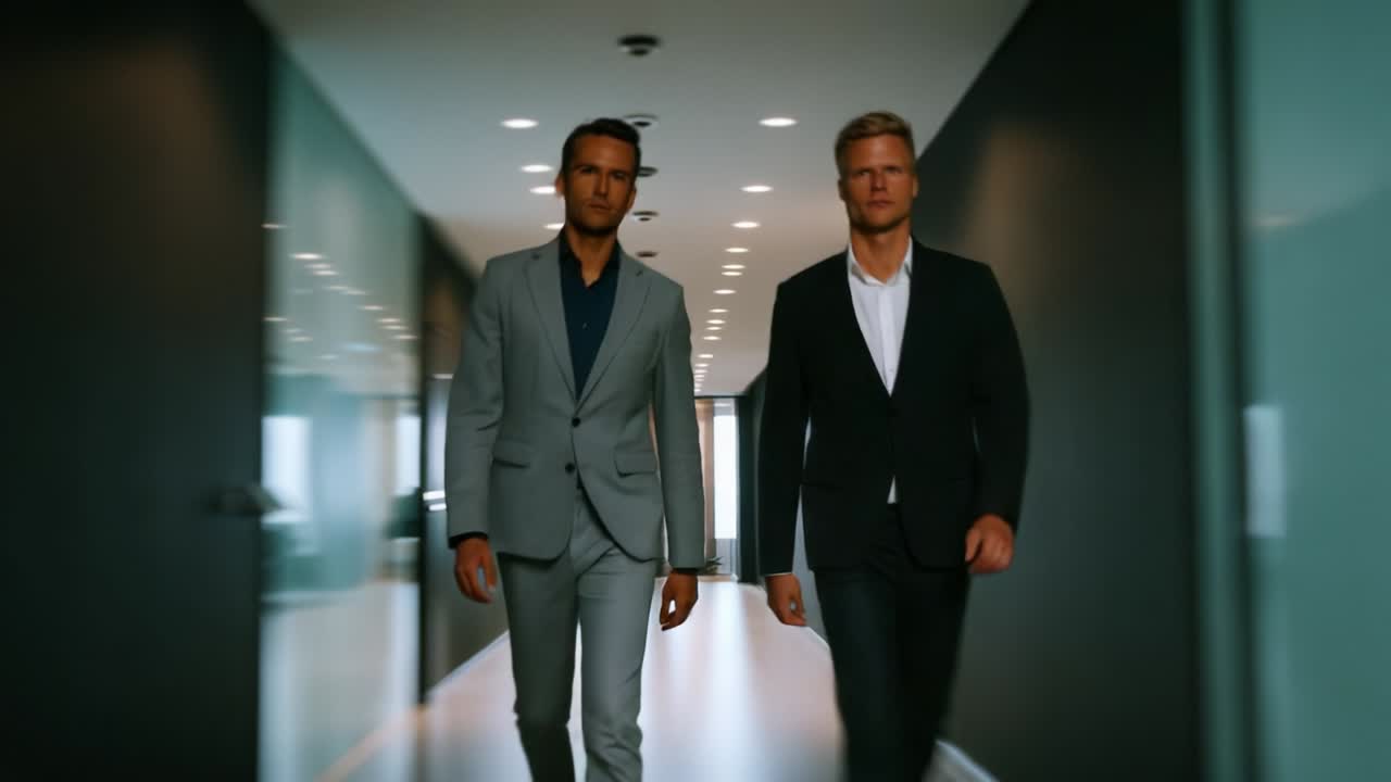 Two Businessmen Walking in a Hallway