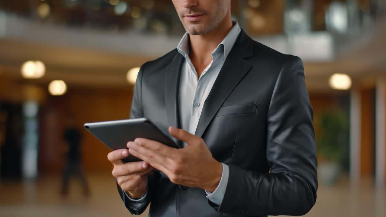 A Professional Man in a Suit Using a Tablet Device in a Modern Indoor Space, Showcasing Technology Integration and Professionalism in Contemporary Environments