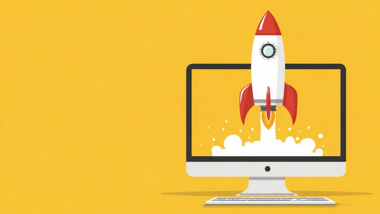 Conceptual Illustration of a Rocket Launching from a Computer Screen Against a Bright Yellow Background, Symbolizing Innovation, Technology, and Growth in Digital Ventures