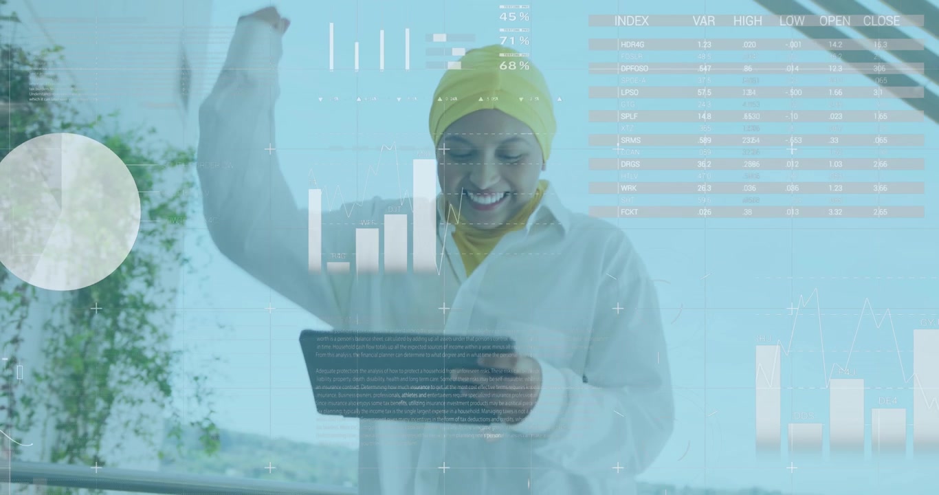 Animation of statistical data processing against happy woman in hijab using digital tablet
