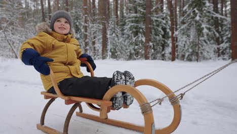 happy chubby toddler is sitting in wooden sledge and smiling happy day in forest park in winter