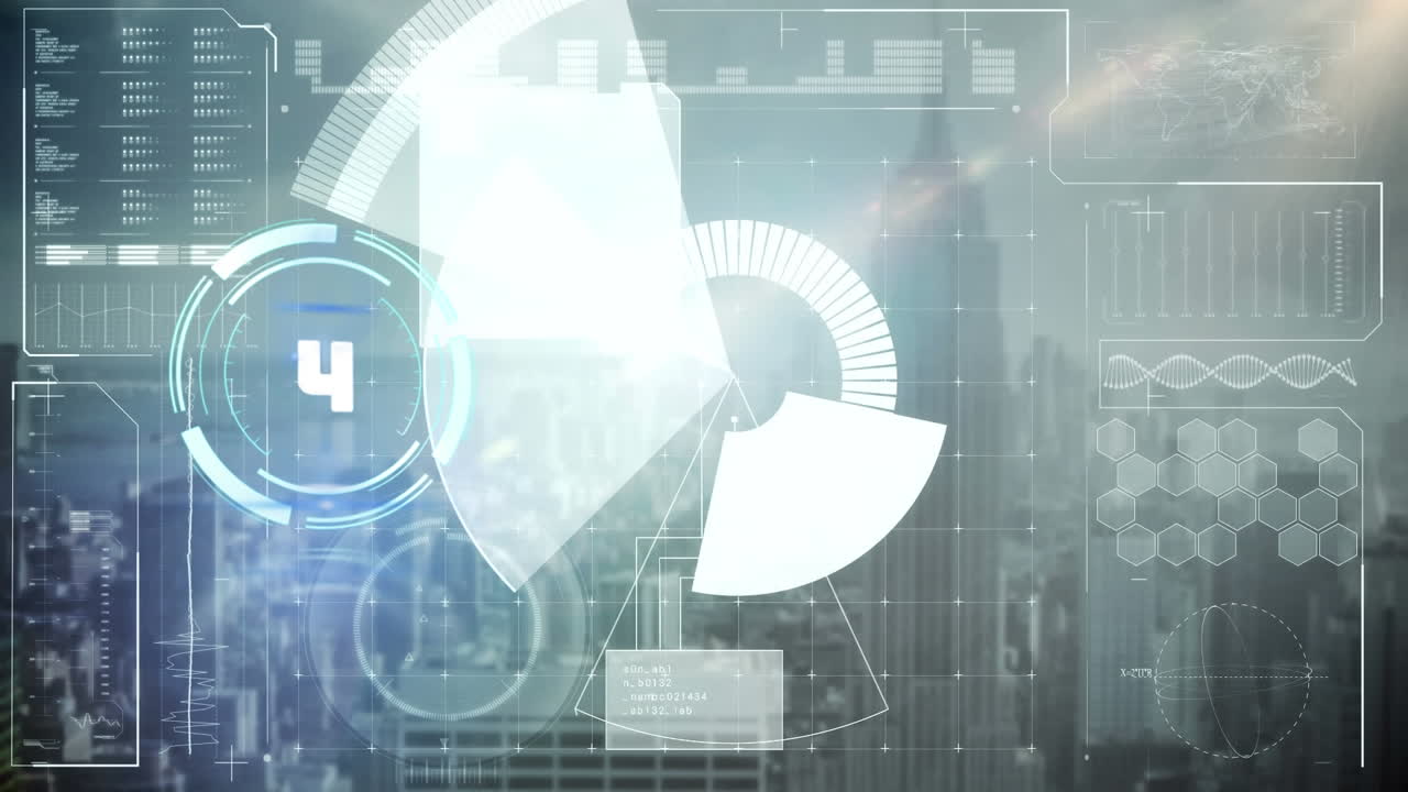 도시 풍경 위의 범위 스캐닝과 데이터 처리 애니메이션