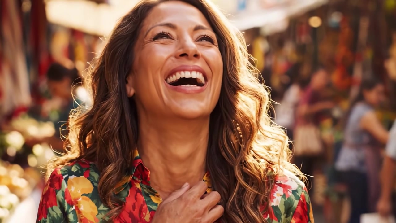 Um Momento Alegre Capturado: Uma Mulher Sorridente em uma Camisa Floral Vibrante Desfruta de uma Cena de Mercado Movimentada, Irradiando Felicidade e Interagindo com a Vida ao Seu Redor