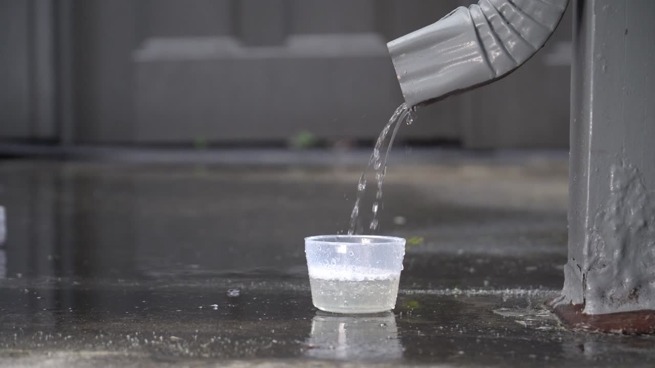 다운스파우트에서 빗물이 24fps로 컵 슬로우 모션으로 수집됩니다.