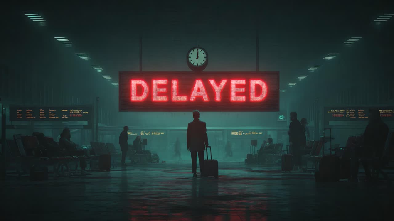 A somber scene unfolds at a foggy train station, showcasing a glowing 'DELAYED' sign, as passengers await uncertain journeys amidst an atmosphere filled with tension and anticipation