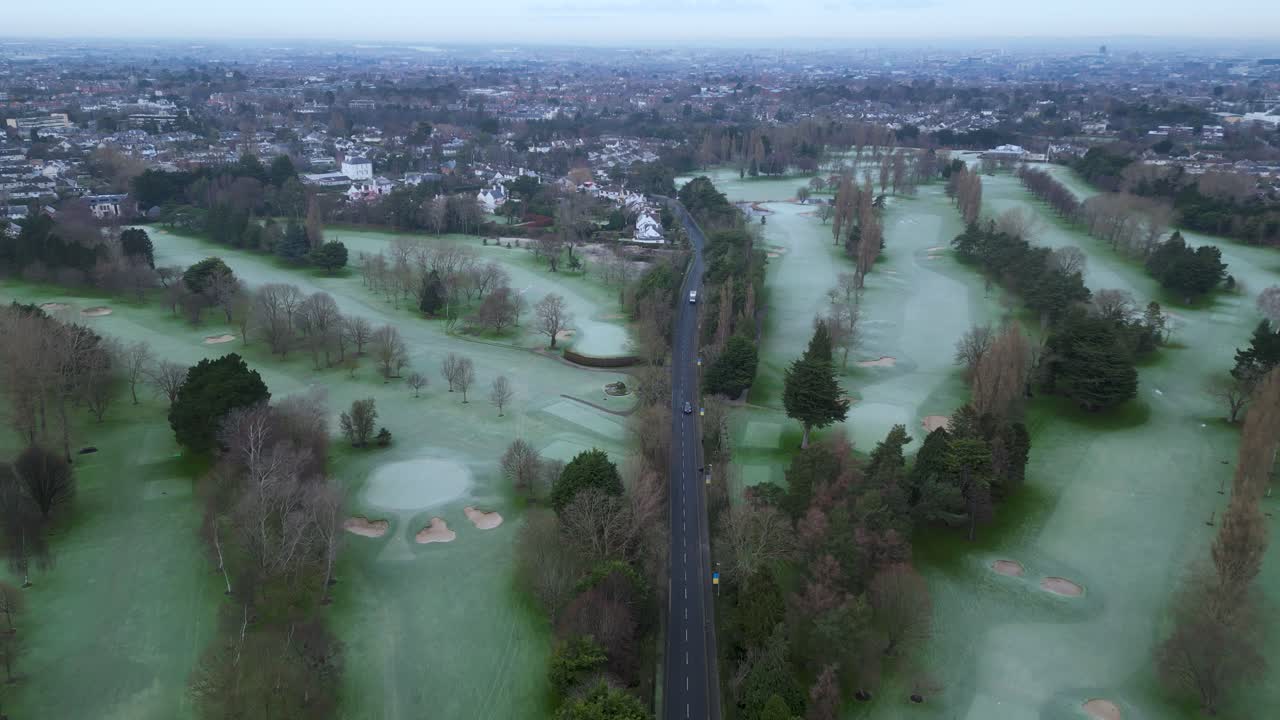 Aerial view of Orwell Road, a main road that cross the middle of Milltown Golg club and leads to the Russian Embassy in Churchtown, South Dublin