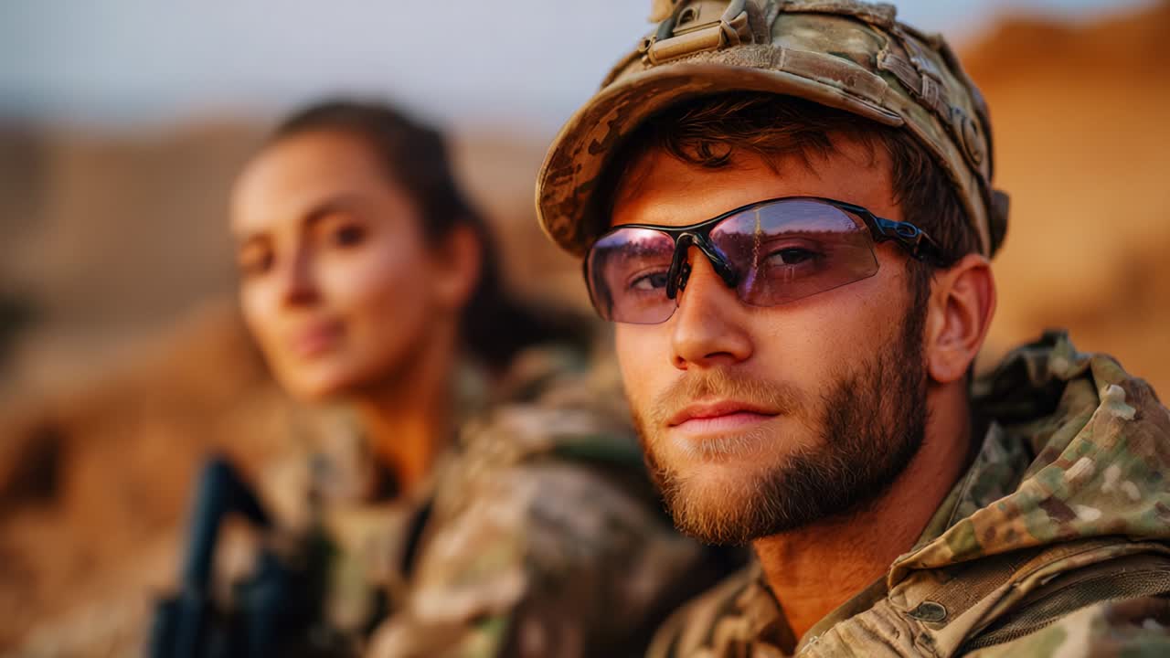 Military Personnel in Desert Environment: A Captivating Glimpse into the Lives of Soldiers Preparing for Action Amidst a Stunning Landscape at Golden Hour, Highlighting Their Resilience and Comradeship