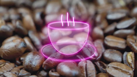 macro shot of brown roasted coffee beans and glowing coffee cup symbol graphic - falling grains with animation