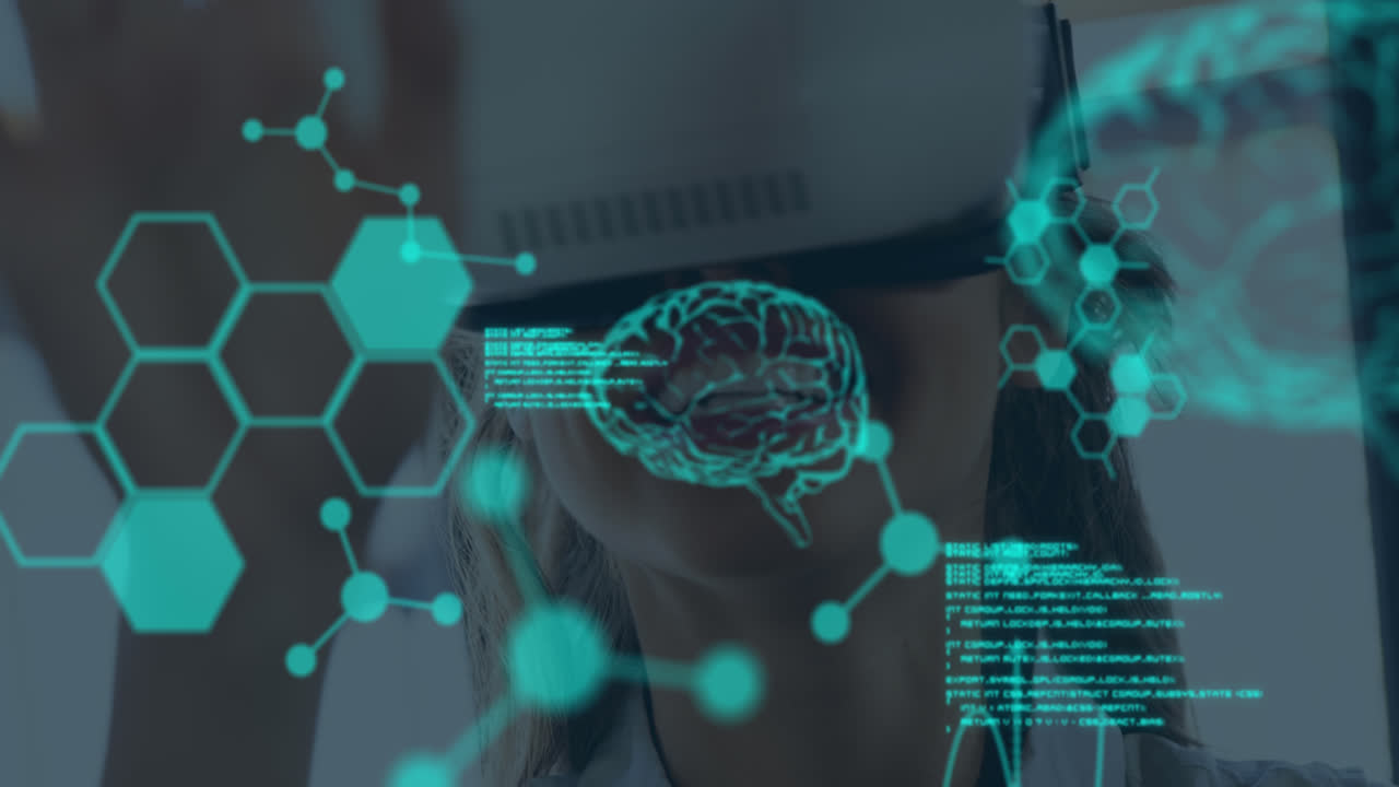 animación de cerebros humanos girando y procesamiento de datos sobre mujer de negocios que lleva auriculares vr