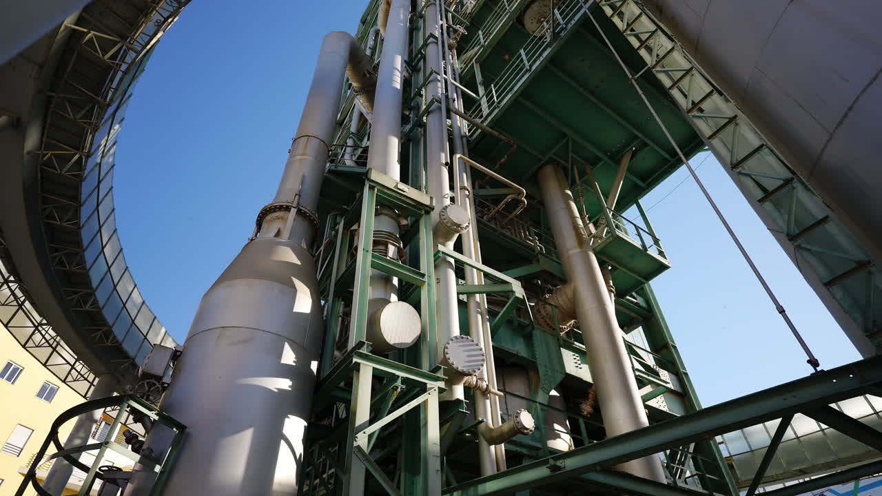 Metal pipelines and tanks of an industrial complex rise towards a clear blue sky, showcasing intricate engineering and manufacturing processes