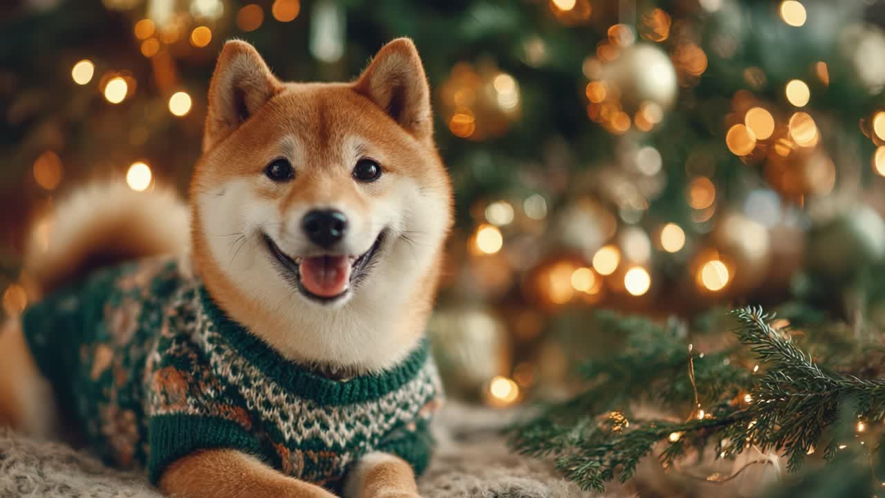 Joyful Shiba Inu Radiating Happiness in a Festive Sweater Amidst a Sparkling Christmas Tree with Glowing Ornaments and Warm Holiday Atmosphere