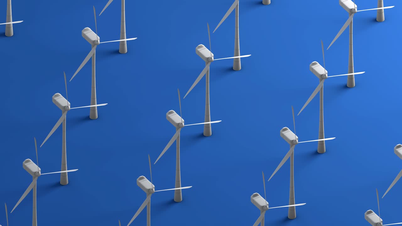 풍력 터빈의 회전: 파란색 배경에 아름다운 3d 애니메이션을 원활하게 루핑합니다.