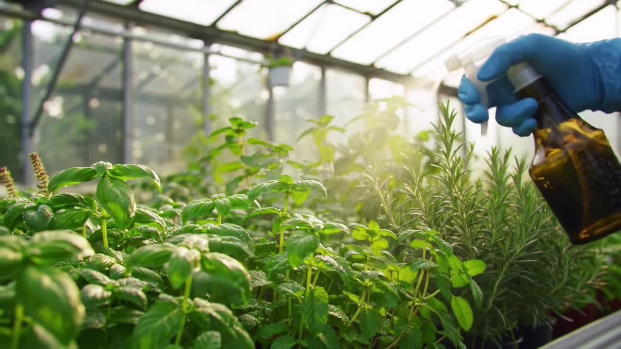 Nurturing Greenery: A Gardener Sprays Essential Nutrients in a Lush Greenhouse Full of Aromatic Herbs and Vibrant Plants, Promoting Healthy Growth and Vitality