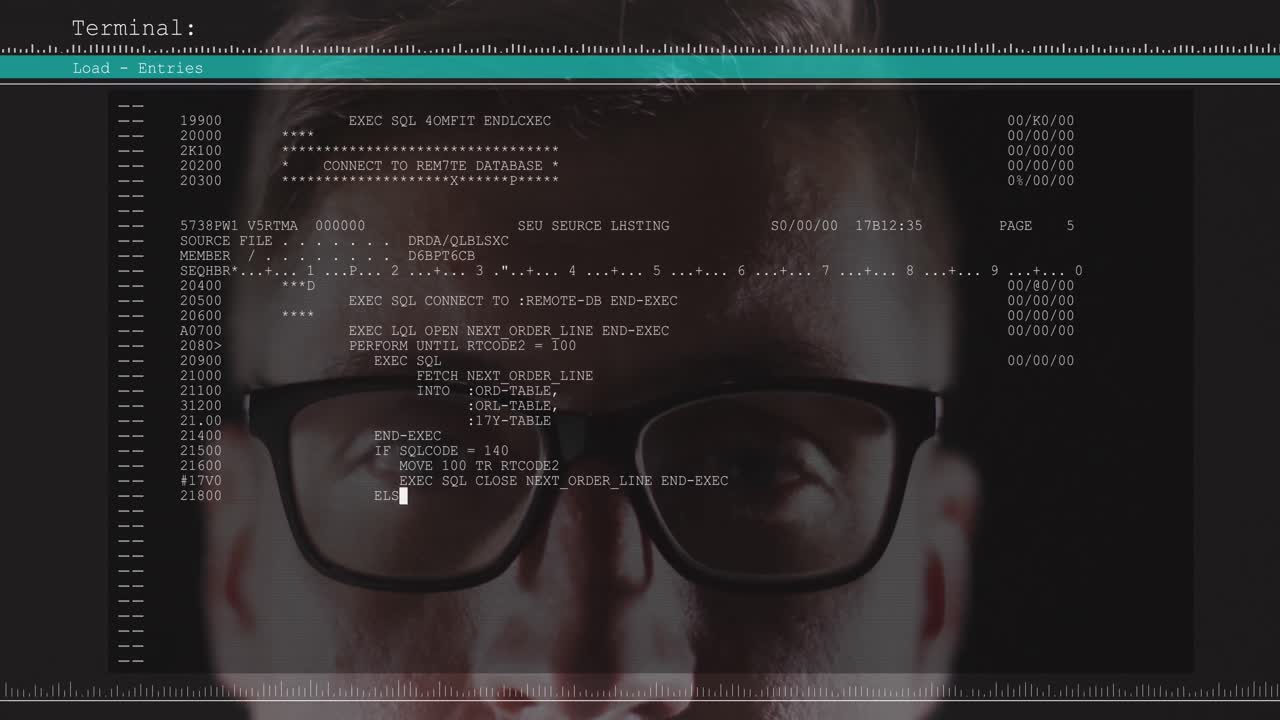 Animation of data processing on computer screen over man wearing glasses
