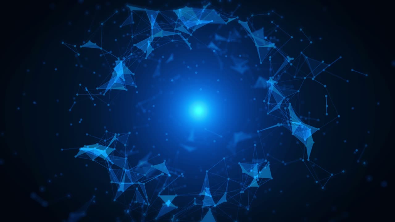 Digital Technology Circle Tunnel Gate Polygon Plexus Data Network Simulation 4K Motion Background. Blue Scientific Geometric Structure Seamless Loop.