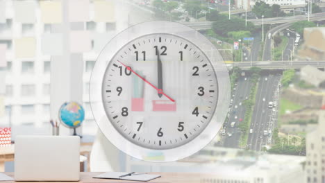 animation of moving clock over road and traffic and office